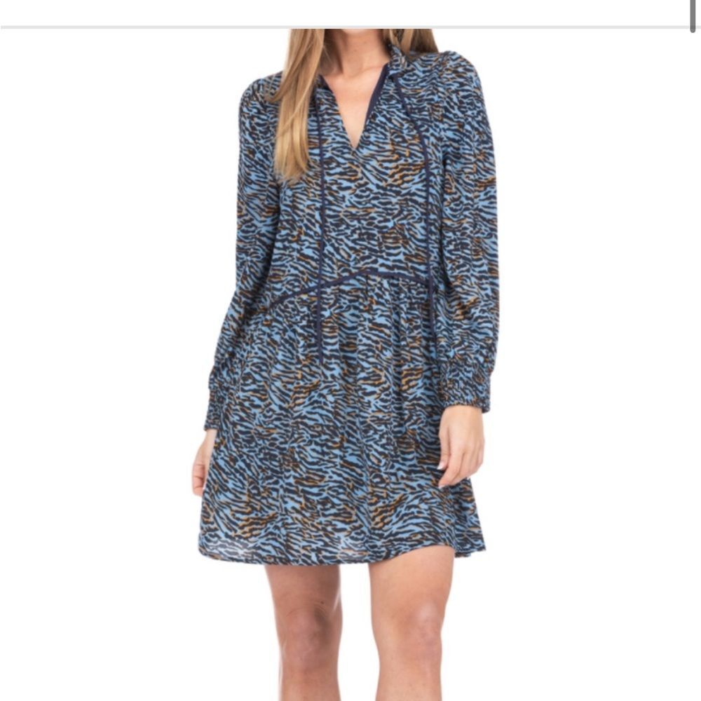 Joy Joy‎ Women Animal Print Blue Tie Neck Long Sleeve Tiered Dress XS